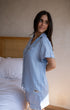 Women Summer Pajama Set Light Blue Buttoned Shirt + Shorts